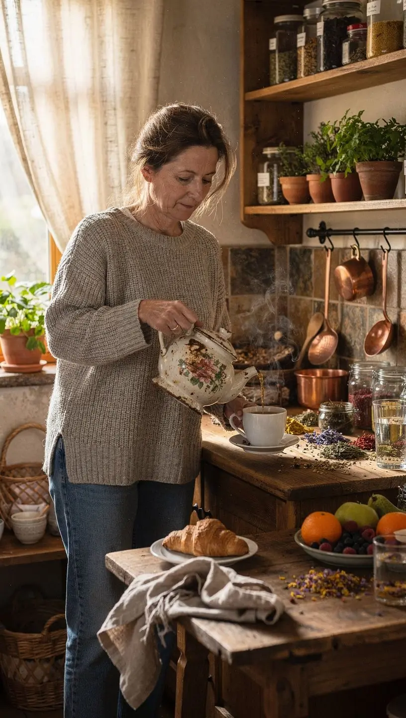 Žolelių arbatos lapeliai ir žiedai kruopščiai išdėstyti ant balto fono, simbolizuojantys natūralumą ir gerovę.